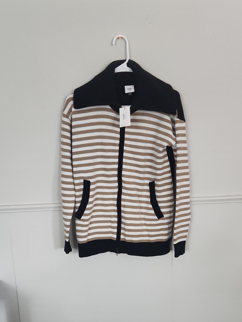 CAbi Beige and Black Striped Zip Jacket